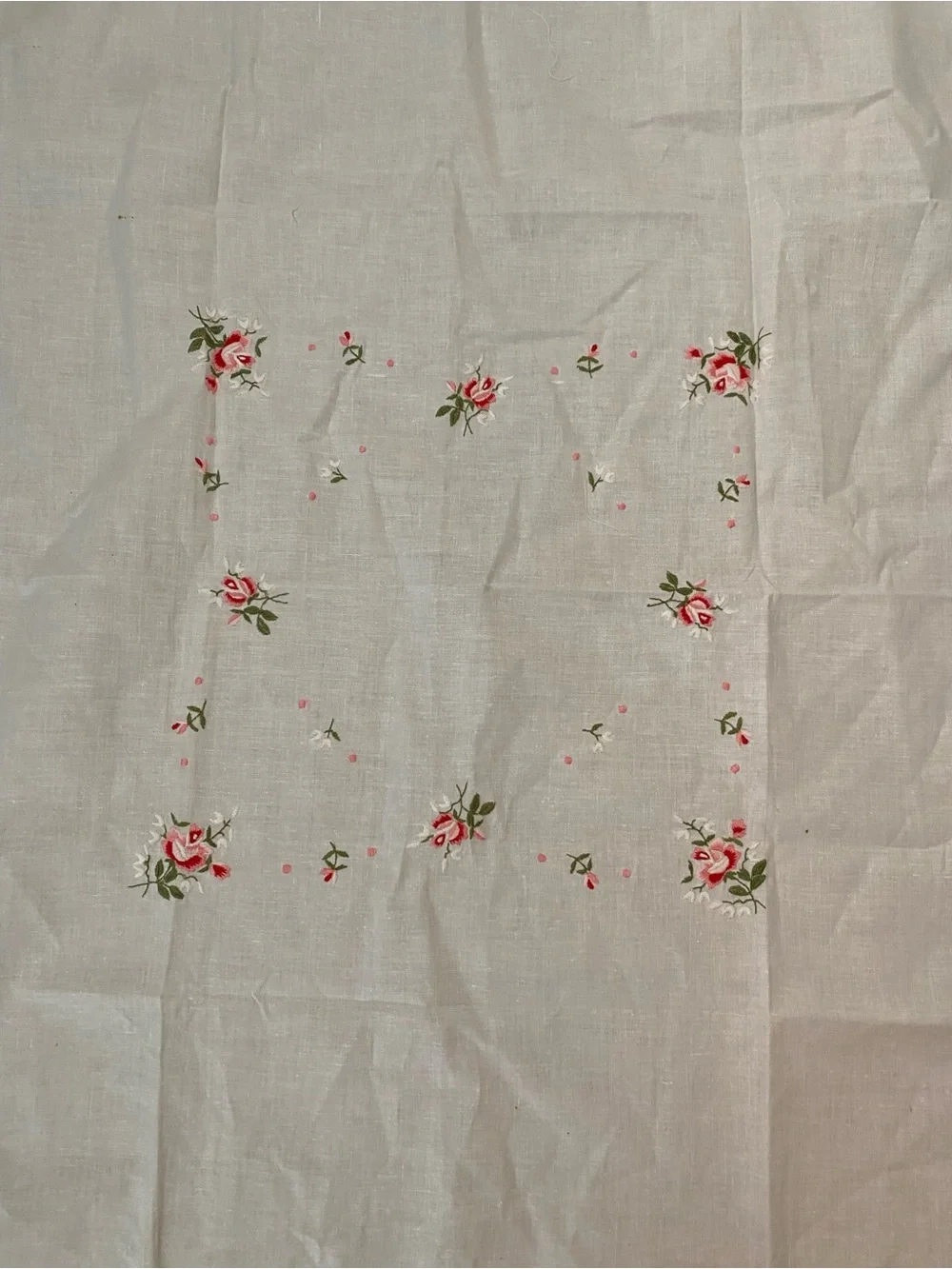 Vintage Square Hand-Embroidered Rose Floral Tablecloth Topper Linen